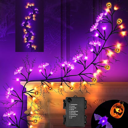6 Ft 54 LED Halloween Willow Vine Twig Decor Garland with 8 Modes Timer 9 Pumpkins 9 Bats Waterproof Battery Operated Scary Halloween Decorations for Home Wall Mantle Fireplace Decor
