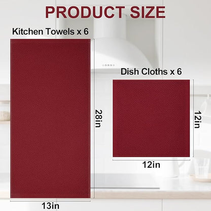 Homaxy 100% Cotton Kitchen Towels and Dishcloths Set, 12 x 12 Inches and 13 x 28 Inches, Set of 12 Bulk Kitchen Towels Set, Ultra Soft Absorbent Dish Cloths for Washing Dishes, Burgundy