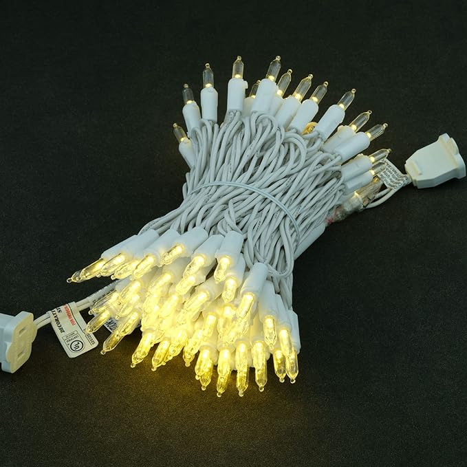 YULETIME Warm White LED Christmas Lights with White Wire, 33 ft 100 Count UL Certified Commercial Grade Holiday String Light Set (Warm White - White Wire)