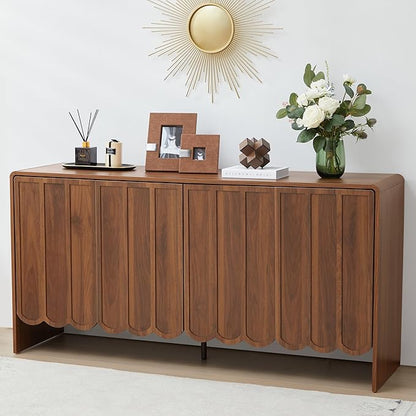 ORRD Sideboard Buffet Cabinet, Accent Storage Cabinets with 4 Doors, Farmhouse Wood Cabinet with Adjustable Shelves and Wave Panel for Living Room, Dining Room, Entry - Walnut