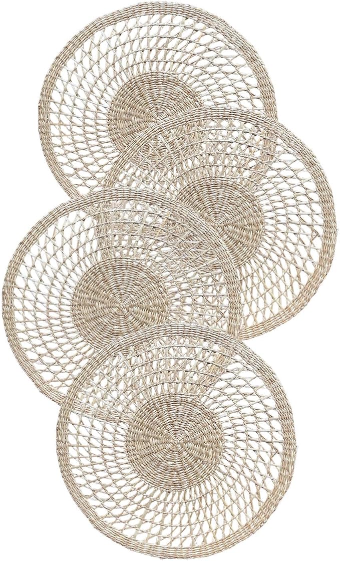 15" Set of 4 Round Flower Seagrass Placemats | Boho Woven Rattan Table Mats | Farmhouse Wicker Spring Plate Chargers Like Water Hyacinth, Corn Husk for Wedding, Party, Christmas, Events