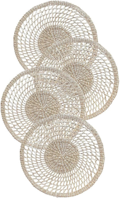 15" Set of 4 Round Flower Seagrass Placemats | Boho Woven Rattan Table Mats | Farmhouse Wicker Spring Plate Chargers Like Water Hyacinth, Corn Husk for Wedding, Party, Christmas, Events