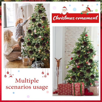 12Pcs Furry Christmas Ball Ornament for Xmas Tree Brown Soft Faux Fur Pom Pom Ball Ornaments Christmas Tree Hanging Decorations for Winter Party Home Decor Costume Supplies