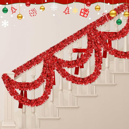 50FT Red Christmas Tinsel Garland, Metallic Twist Shiny Hanging Garland Ornaments for Xmas Tree Party Supplies Thick Thin Metallic Streamers for Indoor Outdoor Decor