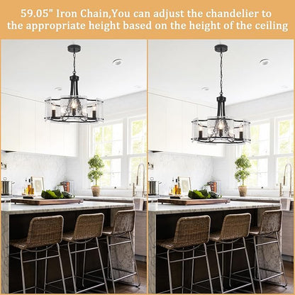 Modern Black Chandelier 5-Light Textured Glass Chandeliers for Dining Room 18.9''Drum Crystal Light Fixture Over Table Farmhouse Round Pendant Light for Kitchen Island Bedroom Living room Foyer，E12