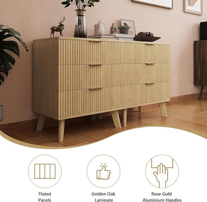 Fluted 3 Drawer Dressers, Modern Closet Dressers Chest of Drawers, Wood Storage Dresser Chest of Drawers Organizer for Bedroom Living Room Hallway Closet(Natural)