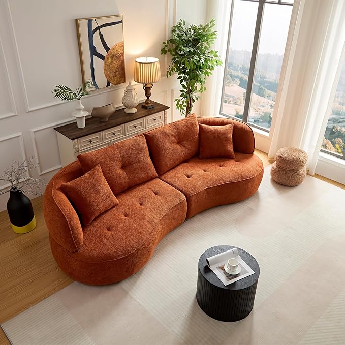 109" Modern Curved Sofa Sectional Couch, Luxury Comfy Boucle Upholstered Couches, Oversized 3 Seater Minimalist Deep Seat Modular Sofas for Living Room,Bedroom, Home Office, Apartment, Orange