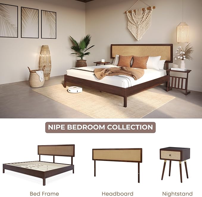 Bme Nipe King 14 Inch Bohemian Bed Frame with Adjustable Wicker Headboard - Rustic & Vintage Unique Style with Acacia Wood - No Box Spring Needed - Easy Assembly - Walnut