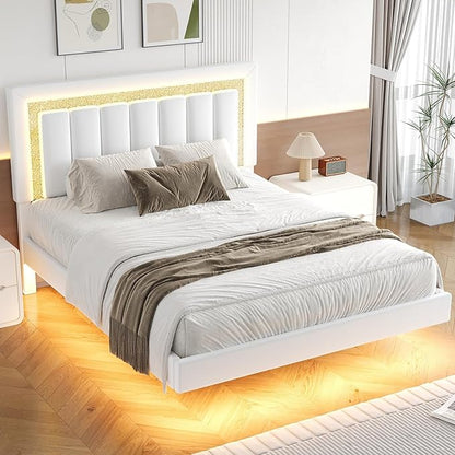 HOMBCK Floating Bed Frame Queen with Smart LED Lights, Faux Leather Upholstered Bed with Diamond PU Headboard, No Box Spring Needed, Noise-Free, Easy Assembly, White