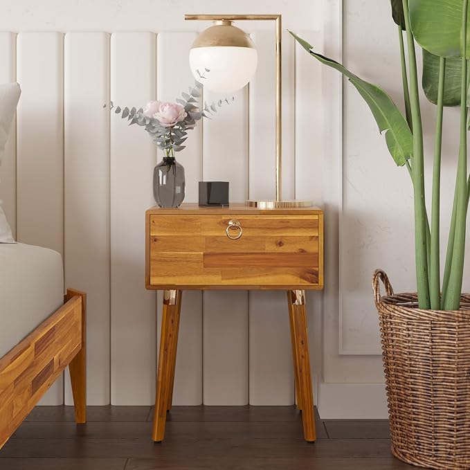 Bme Alden Solid Wood Bedside Table End Table with 1 Drawer for Mid Century Bedroom and Living Room, Caramel