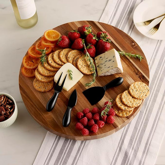 Twine Acacia Cheese Board and Knives Set, Footed Cheese Snack Tray and Cheese Knives Set Cooking Accessories Serveware, 16inch Diameter