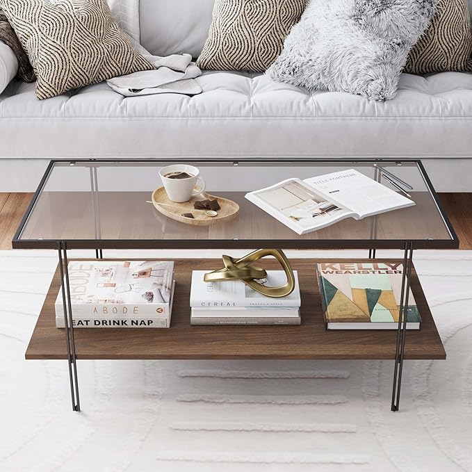 Nathan James Asher Mid-Century Rectangle Coffee Table Glass Top and Wood Finish Storage Shelf with Metal Legs, Walnut/Black