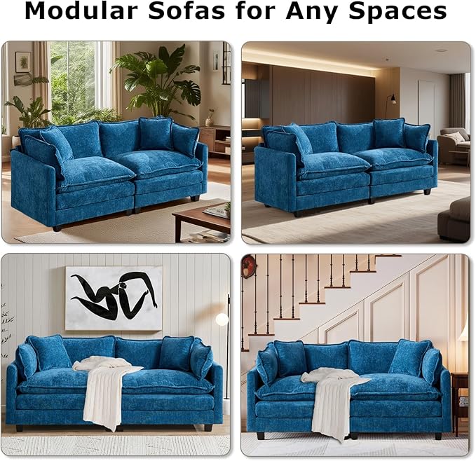 SoarFlash Chenille 71.6" Sectional Sofa, Comfy L Shaped Modular Coush Sofa with Ottoman, Modern 2 Seat Couch Deep Seat Sofa Set for Living Room,Blue