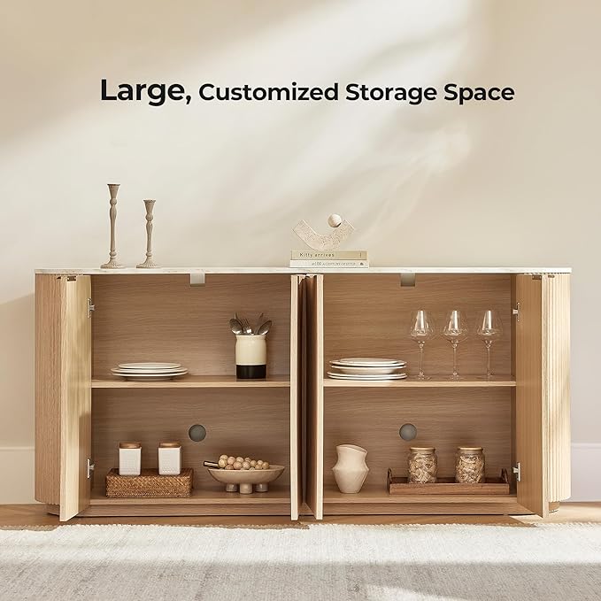 CHITA 70" Sideboard Buffet Cabinet with Storage, Living Room Accent Cabinet with Doors and Adjustable Shelves, for Bar, Kitchen, Oak - Faux Marble