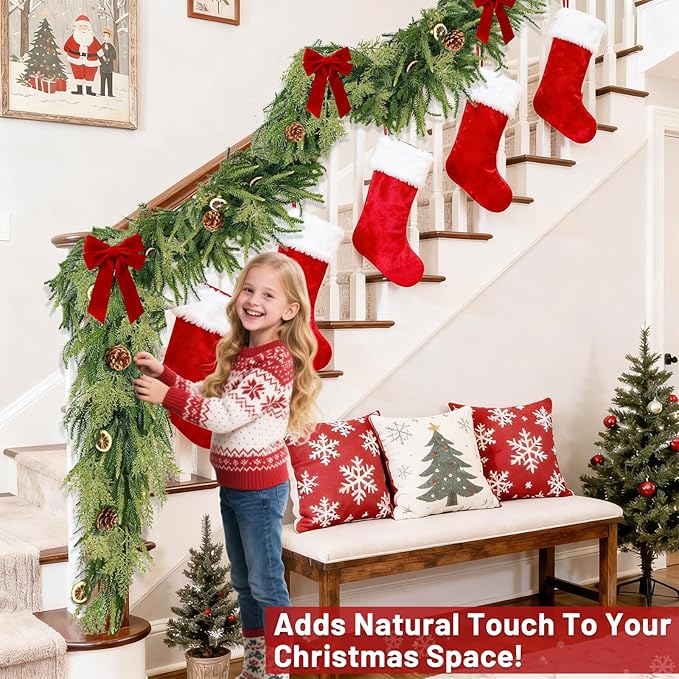 Extra Thick&Lush-6 Ft by 10 Inch Real Touch Norfolk Pine Garland,Christmas Garland Artificial Realistic Soft Thickness Greenery Pine Cypress Pinecones Garlands for Mantle Fireplace Home Indoor Outdoor