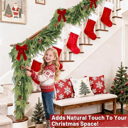 Extra Thick&Lush-6 Ft by 10 Inch Real Touch Norfolk Pine Garland,Christmas Garland Artificial Realistic Soft Thickness Greenery Pine Cypress Pinecones Garlands for Mantle Fireplace Home Indoor Outdoor