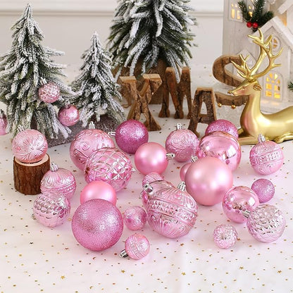 Christmas Ball Ornaments Pink Christmas Tree Decorations with Hang Rope-36pcs Shatterproof Christmas Ornaments Set with 6 Styles in 3 Sizes(Small Medium Large)