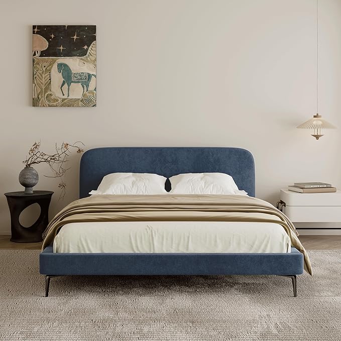 Acanva Modern Minimalist Upholstered Platform Bed Frame with Headboard, Mattress Foundation Base with Metal Slats Support, No Box Spring Needed, Non-Slip, Blue, Full Size