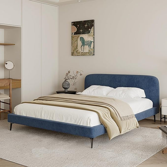 Acanva Modern Minimalist Upholstered Platform Bed Frame with Headboard, Mattress Foundation Base with Metal Slats Support, No Box Spring Needed, Non-Slip, Blue, Full Size