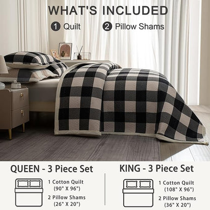 Cotton Plaid Quilt Set Queen 3 Piece Lightweight Reversible Bedding, Grid Black White