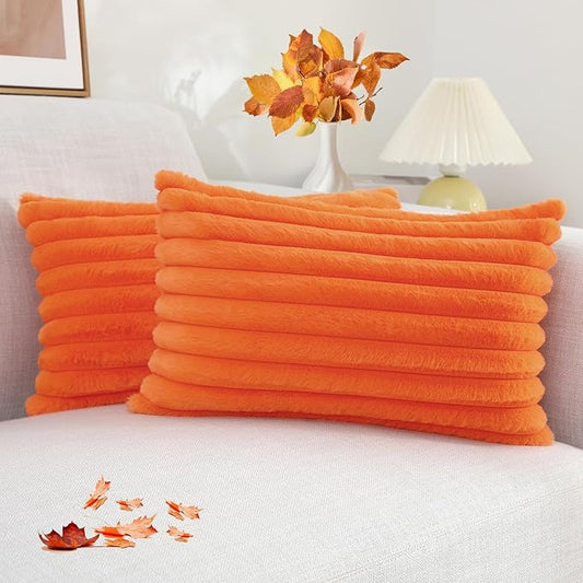 decorUhome Faux Fur Fall Throw Pillow Covers 12x20 Set of 2, Decorative Soft Plush Striped Lumbar Neutral Euro Pillow Covers with Velvet Back for Bed, Living Room Home Decor, Orange