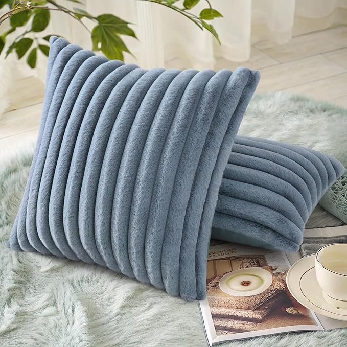 decorUhome Faux Fur Throw Pillow Covers 16x16 Set of 2, Decorative Soft Plush Striped Neutral Euro Pillow Covers with Velvet Back for Bed, Living Room Home Decor, Grey Blue