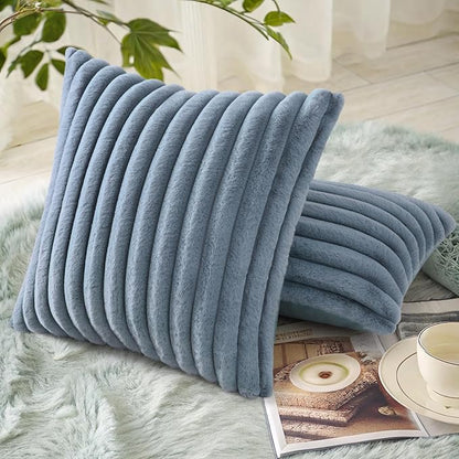 decorUhome Faux Fur Throw Pillow Covers 16x16 Set of 2, Decorative Soft Plush Striped Neutral Euro Pillow Covers with Velvet Back for Bed, Living Room Home Decor, Grey Blue
