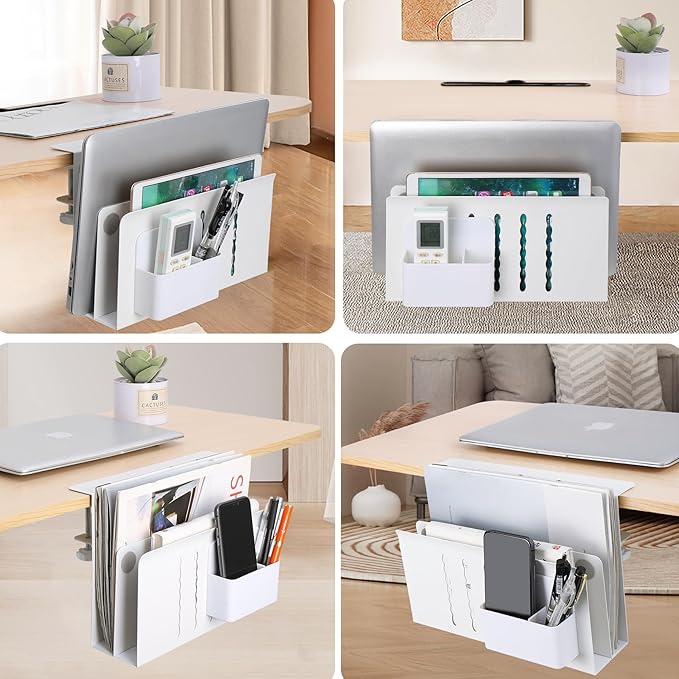 2 TIER Desk Side Storage Upgraded Under Desk Organizer, No Drill Hanging Laptop Holder Under Desk, Clamp-On Table Side Steel Desktop Organization for Office and Home (White)