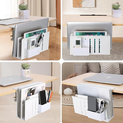 2 TIER Desk Side Storage Upgraded Under Desk Organizer, No Drill Hanging Laptop Holder Under Desk, Clamp-On Table Side Steel Desktop Organization for Office and Home (White)