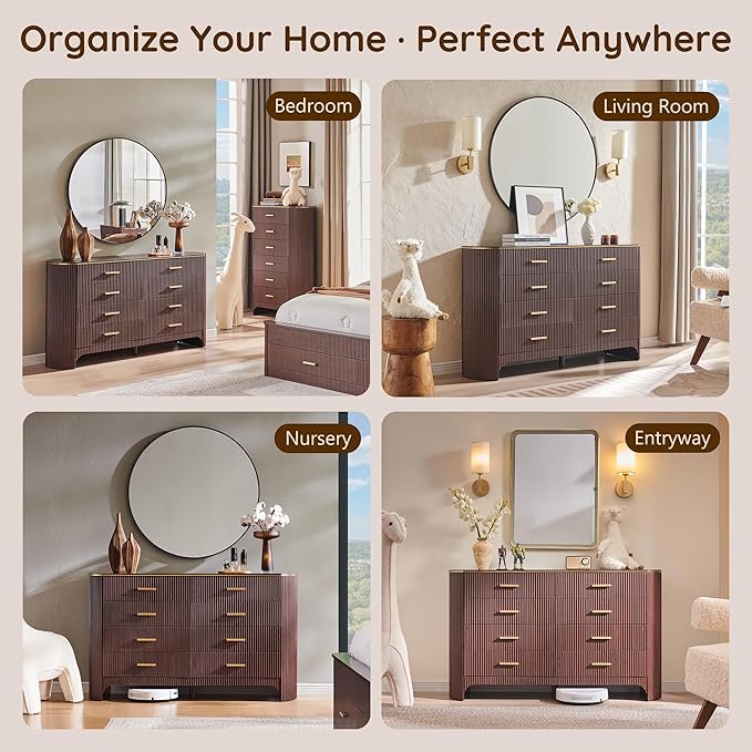 Fluted 8 Drawer Dresser for Bedroom with Curved Profile Design,53.9" W Wide Chest of Drawers with Reeded Front Panels,Wide Storage Cabinet with Smooth-Glide Drawers for Living Room,Brown Oak