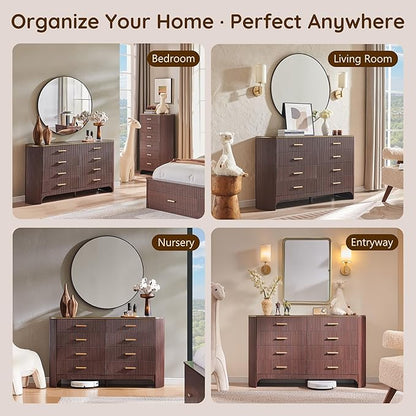 Fluted 8 Drawer Dresser for Bedroom with Curved Profile Design,53.9" W Wide Chest of Drawers with Reeded Front Panels,Wide Storage Cabinet with Smooth-Glide Drawers for Living Room,Brown Oak