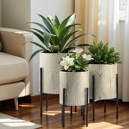 LuxenHome Planters for Indoor Plants, Set of 3 Floor Plants Pots with Stands, Modern Decorative Metal Flower Pots, Distressed Gray and Gold Cachepot Planters, 9.5", 11.87", 14" Inch