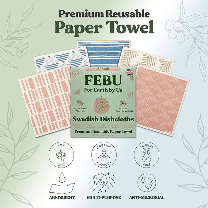 FEBU Swedish Dishcloths 5 Pack Sunset Reusable Washable Kitchen Dish Towels Tabletop Decor
