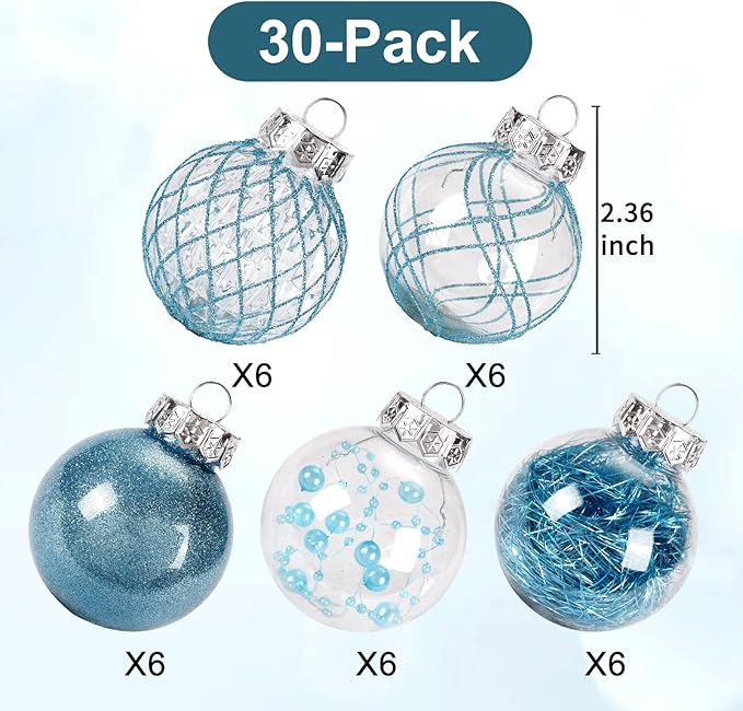 Christmas Ball Ornaments, 30ct 2.36 Inch Blue Shatterproof Clear Plastic Pet Ornaments for Holiday Wedding Party Gift Decorations