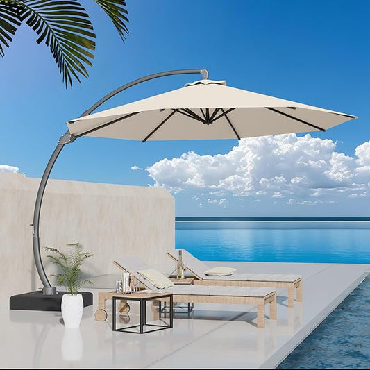 Kingdura 11ft Offset Cantilever Patio Umbrella with Base Included, Large Round Aluminum Outdoor Umbrella, 360° Rotation & Infinite Tilt, Heavy Duty Frame for Deck Pool Backyard, Creamy White