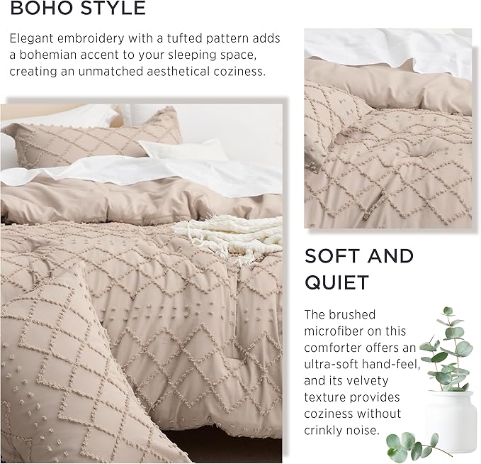 Bedsure Twin Comforter Set - Warm Tan Comforter, Boho Tufted Shabby Chic Bedding for Kids, 2 Pieces Vintage Farmhouse Bed Set for All Seasons, Fluffy Soft Bedding with 1 Pillow Sham