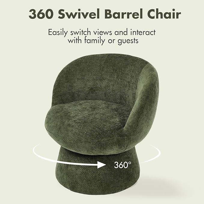 360° Swivel Accent Chair with Curved Back, Modern Green Chenille Upholstered Round Barrel Chair, Bucket Vanity Armchair for Small Space,Living Room, Bedroom