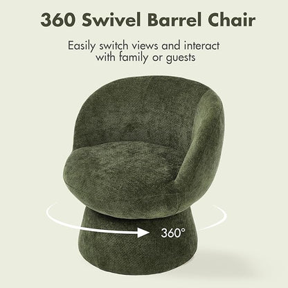360° Swivel Accent Chair with Curved Back, Modern Green Chenille Upholstered Round Barrel Chair, Bucket Vanity Armchair for Small Space,Living Room, Bedroom