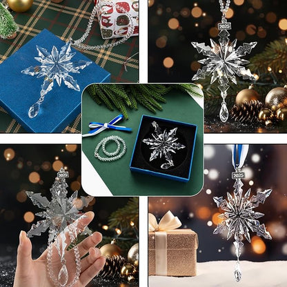 2025 Christmas Ornament Crystal Snowflake with Crystal Drop Pendant and 2025 Engraved Tag for Winter Christmas Tree Decoration Keepsake Gifts Clear