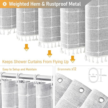 BTTN Extra Long Shower Curtain - 72x96 Inch Long Boho Chic Linen Fabric Heavy Duty Shower Curtain Set with Hooks, Tall Bohemian Farmhouse Luxury Tassel Cloth Shower Curtains for Bathroom - Gray/Grey