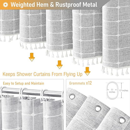 BTTN 80 Inch Long Shower Curtain - 72x80 Boho Farmhouse Linen Vintage Fabric Shower Curtain Set with 12 Plastic Hooks, Aesthetic Rustic Country Weighted Cloth Shower Curtains for Bathroom - Grey/Gray