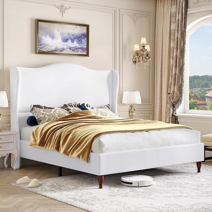 King Size Bed Frame with 51" Tall Headboard, High Upholstered Platform soft Fabric, Classic Curved Wingback & Wood Retro Legs, No Box Spring Needed/Easy Assembly, White