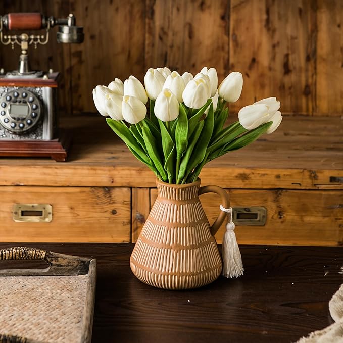 Rustic Farmhouse Vase with Handle and Tassel, Vertical Stripes Terracotta Pottery - Vintage Ceramic Clay for Home Décor, Shelf, Table, Bookshelf, Mantle, Entryway