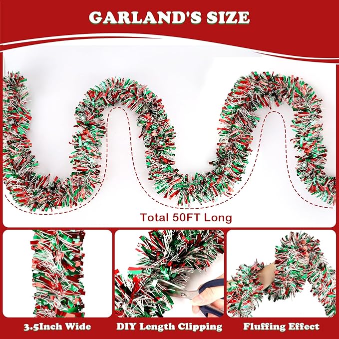 50FT Christmas Tinsel Garland, Red Green&White Metallic Twist Shiny Hanging Garland Ornaments for Christmas Tree, Party Supplies Thick Metallic Xmas Streamers