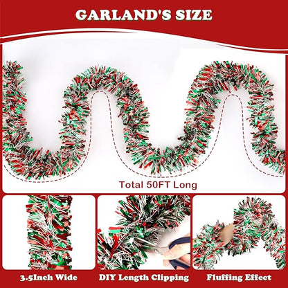 50FT Christmas Tinsel Garland, Red Green&White Metallic Twist Shiny Hanging Garland Ornaments for Christmas Tree, Party Supplies Thick Metallic Xmas Streamers