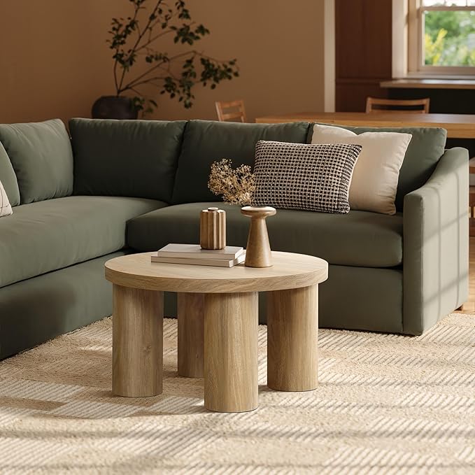 LuxenHome Round Coffee Table with 4 Pillar Legs, 27.5'' Wide Accent Center Table, Modern Farmhouse Oak Finish Wooden Low Cocktail Tea End Table with Sturdy Base for Living Room Home Office