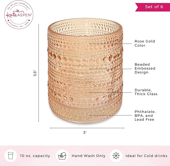 Kate Aspen Rose Gold Cups Pink Hobnail Beaded Drinking Glasses Set of 6-10 oz Vintage Glassware Set Cocktail Glass Set, Juice Glass, Water Cups | Makes A Great Hostess Gift, Gift for New Home Owners