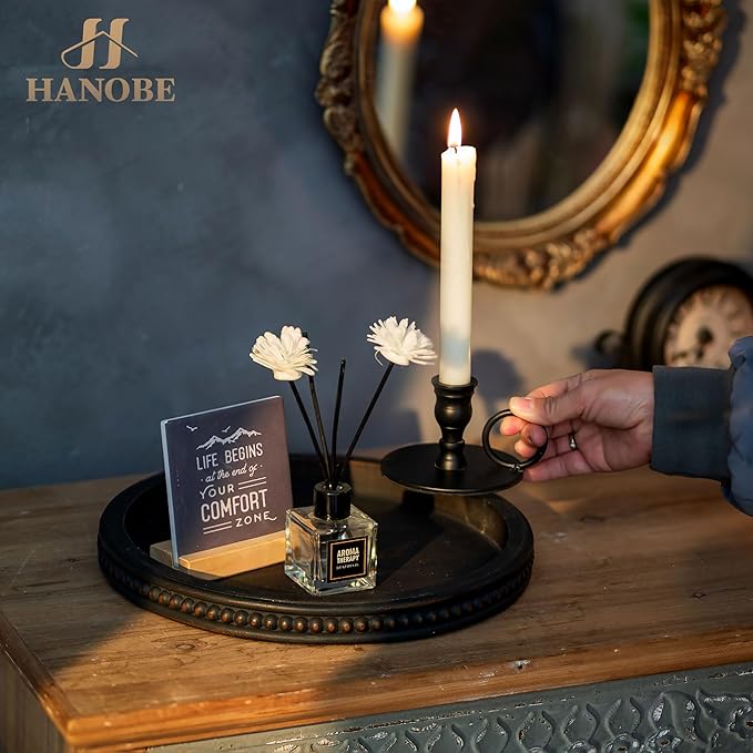 Hanobe Decorative Tray: Modern Farmhouse Beaded Round Tray Decor Rich Dark Brown Circle Wooden Ottoman Serving Platter for Centerpieces Kitchen Counter Bathroom