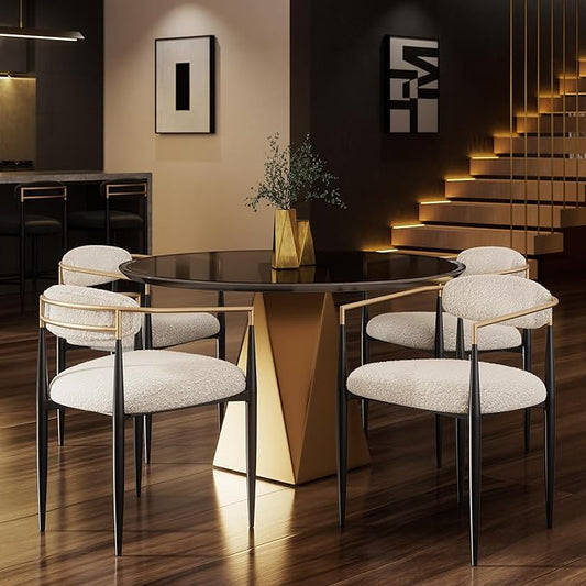 Morden Fort Modern Dining Chairs Set of 4, Upholstered Boucle Dining Chairs with Gold Armrest and Black Metal Legs for Kitchen, Living Room and Reception
