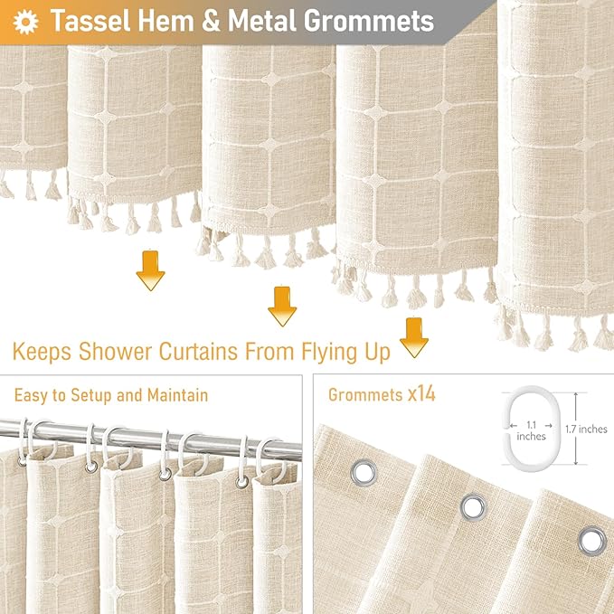 BTTN 84 Inch Wide Shower Curtain - W84xH72 Boho Farmhouse Fabric Shower Curtain Set with 14 Plastic Hooks, Large Country Hotel Spa Simple Water-resistant Cloth Bath Curtains for Bathroom - Cream/Beige